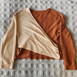 Two-Tone Waffle Knit Wrap Sweater Top